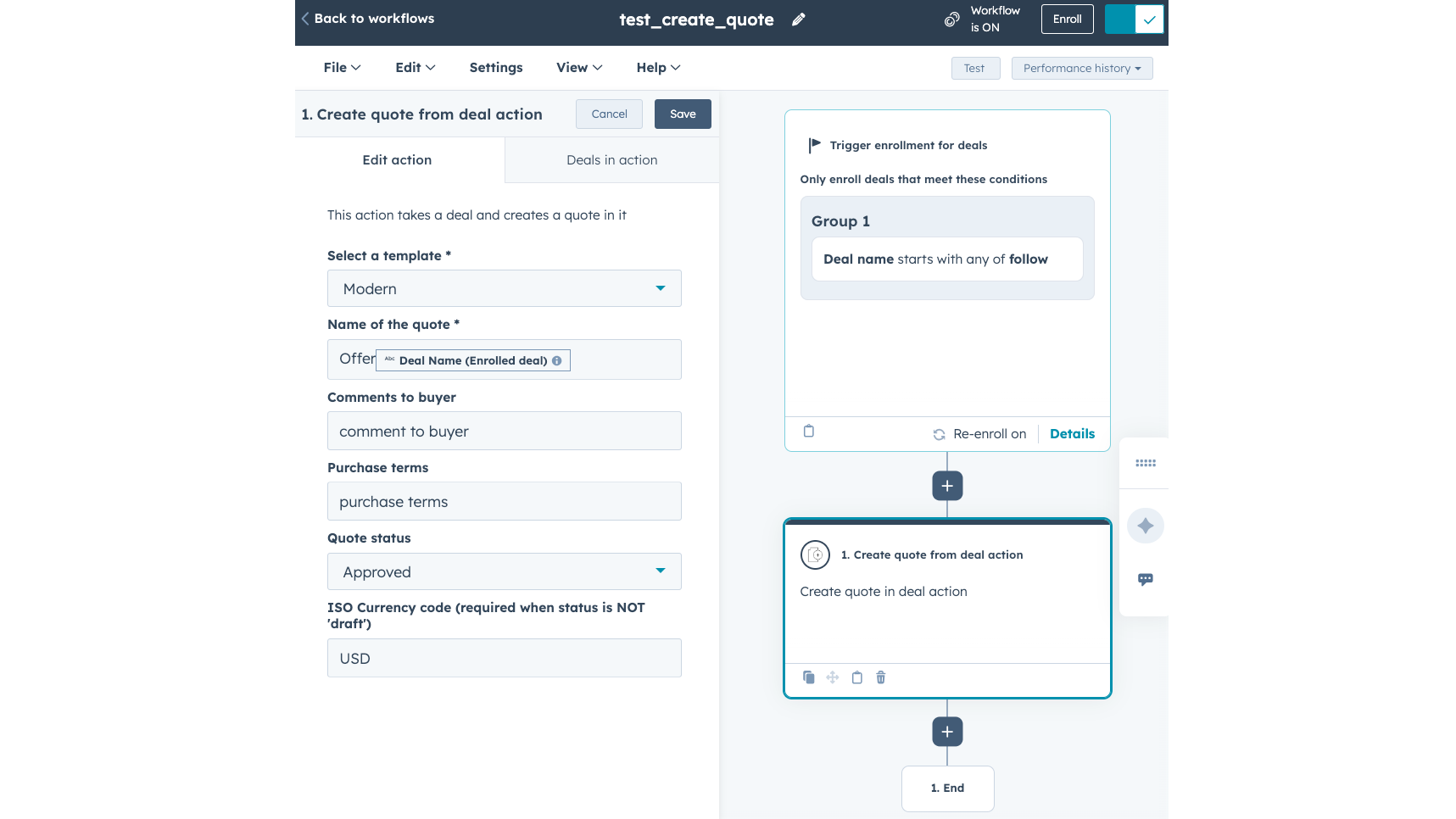 create quote as workflow action